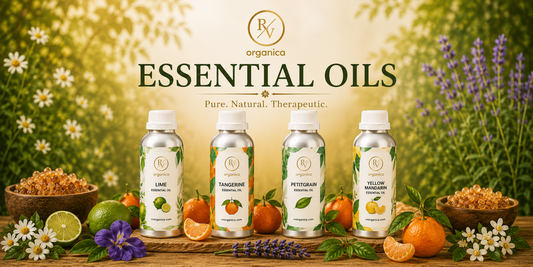 RV Organica essential oils collection — Lime, Tangerine, Petitgrain and Yellow Mandarin essential oils in aluminium bottles, pure natural therapeutic grade, manufactured in India