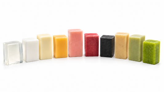 Colorful handmade soap bars arranged in a row on a white background, featuring transparent, white, cream, yellow, pink, red, black, beige, and green natural soap varieties.