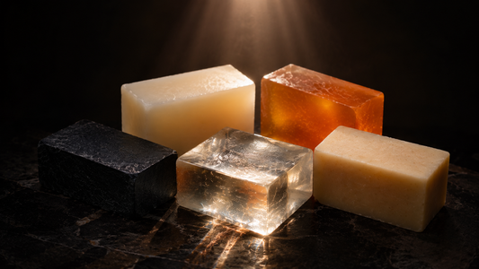 Handmade melt and pour soap base bars placed on a natural stone with rose petals and lavender in outdoor sunlight