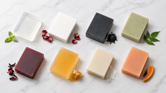 Eight melt and pour soap base variants on white marble — clear  glycerin, ultra white, charcoal, neem green, red wine, honey,  shea butter, and papaya soap base by RV Organica, Panipat