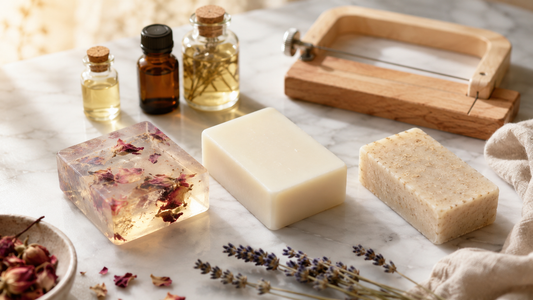 Handmade melt and pour soap bars made with RV Organica soap base — clear glycerin, shea butter, and goat milk varieties arranged with dried florals and essential oils