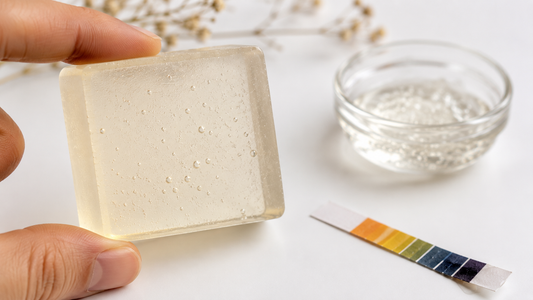 Flat lay of handmade melt and pour soap bars including clear glycerin, goat milk, shea butter, charcoal and rose soap on a white marble surface with natural ingredients