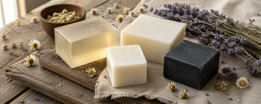 Artisan melt and pour soap base blocks including clear glycerin, shea butter, goat milk and charcoal on a rustic wooden surface with dried lavender and chamomile flowers