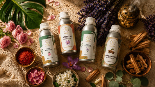 RV Organica essential oils — Rose, Saffron, Lavender, and Sandalwood spa oils with natural botanicals