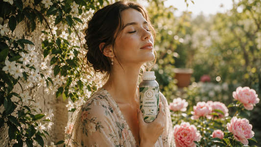 Spring perfume for women - RV Organica Jasmine Fragrance Oil held by a woman in a blooming garden with white jasmine and pink peony flowers