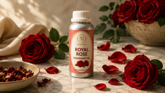 RV Organica Royal Rose Fragrance Oil aluminium bottle surrounded by fresh red roses and dried rose petals on a marble surface