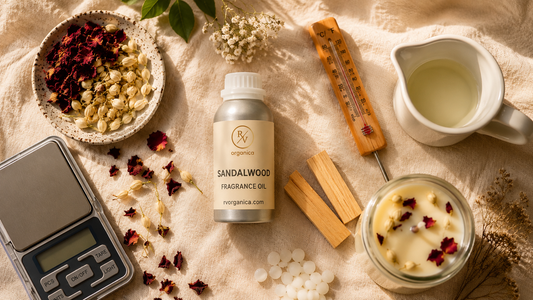 RV Organica Sandalwood Fragrance Oil surrounded by candle making supplies - digital scale, wooden thermometer, soy wax beads, dried rose petals, jasmine buds, and a finished candle jar on cream linen