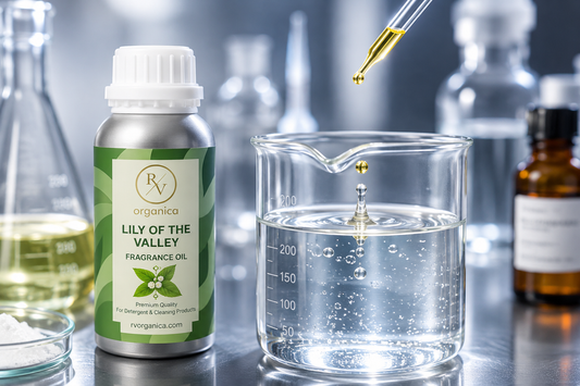 “Lily of the Valley fragrance oil bottle beside transparent detergent solution in laboratory beaker with fragrance droplet falling into liquid, professional industrial detergent manufacturing setup”