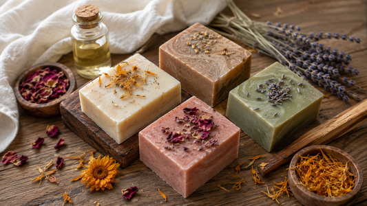 Best homemade soap scents — handmade artisan soap bars with rose petals, lavender, calendula flowers and fragrance oil on rustic wooden surface