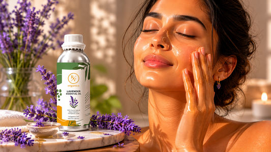 A woman applying RV Organica Lavender Essential Oil on her glowing face, surrounded by fresh lavender sprigs on a marble surface