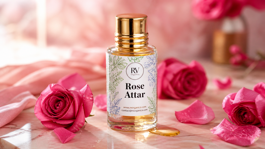 Rose Attar bottle by RV Organica with fresh pink Damask roses on marble surface — pure natural gulab attar perfume oil