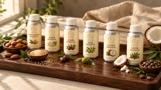 RV Organica natural massage oils with almonds, sesame, coconut, olive, and castor ingredients on a wooden spa tray.