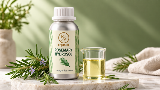 RV Organica rosemary hydrosol floral water bottle with fresh rosemary sprigs and hydrosol in a glass beaker