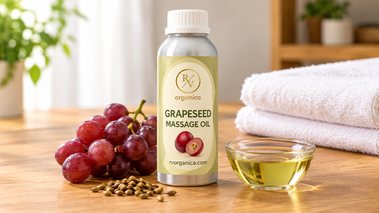 RV Organica grapeseed massage oil bottle with fresh grapes for light, non-greasy massage