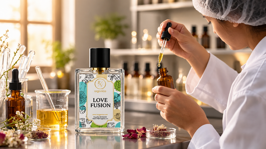 RV Organica Love Fusion fragrance oil bottle in a professional perfume laboratory