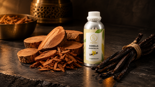RV Organica Vanilla Essential Oil bottle on dark stone between sandalwood slices and chips and a tied bundle of cured vanilla pods