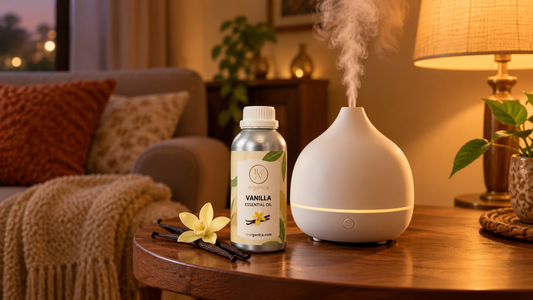 White ultrasonic aroma diffuser misting beside an RV Organica Vanilla Essential Oil bottle and vanilla pods in a cosy living room at evening