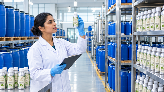 QC analyst inspecting an RV Organica Camphor Essential Oil bottle in a warehouse with blue HDPE drums and aluminium bottles