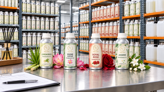 RV Organica Lemongrass, Divine Lotus, Royal Rose and Jasmine fragrance oil bottles on a steel table in a warehouse lined with racks of aluminium fragrance oil bottles and bulk jerry cans, with a reed diffuser and a clipboard nearby
