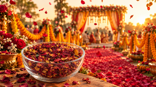 Rose petals scattered along a marigold decorated wedding aisle at an Indian outdoor venue