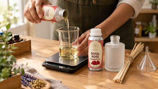 Hands pouring RV Organica Royal Rose fragrance oil into a glass beaker on a digital scale, next to a frosted reed diffuser bottle, a bundle of rattan reeds and a small funnel on a wooden workbench
