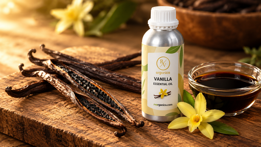 RV Organica Vanilla Essential Oil bottle beside split cured vanilla pods, a yellow vanilla orchid and a glass bowl of dark vanilla extract on a rustic wooden board