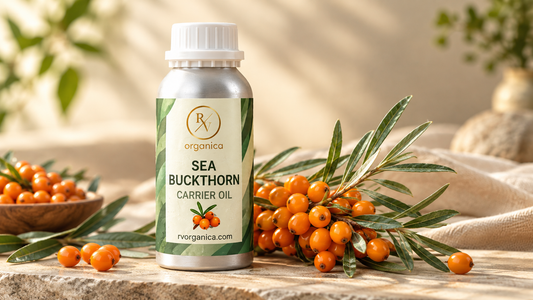 Sea buckthorn carrier oil in premium RV Organica bottle with fresh orange sea buckthorn berries and leaves