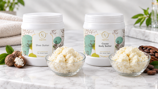 RV Organica Shea Butter and Cocoa Body Butter jars side by side with glass bowls of each butter, shea nuts and cocoa beans on white marble