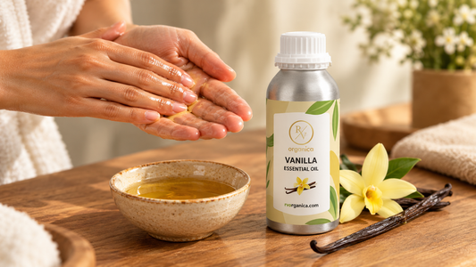 Hands rubbing diluted vanilla oil beside a ceramic bowl of carrier oil, an RV Organica Vanilla Essential Oil bottle, a vanilla pod and orchid