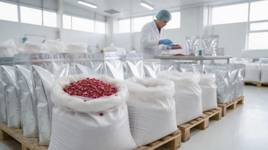 Sealed bulk sacks and pouches of dried rose petals stacked in a clean manufacturing warehouse