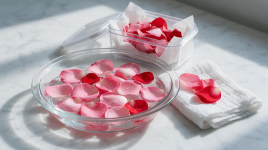 Fresh pink and red rose petals floating in a glass dish of water beside an airtight box lined with damp paper towel and a folded muslin cloth