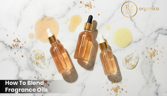 Professional guide on how to blend fragrance oils for soaps and perfumes featuring RV Organica amber dropper bottles.
