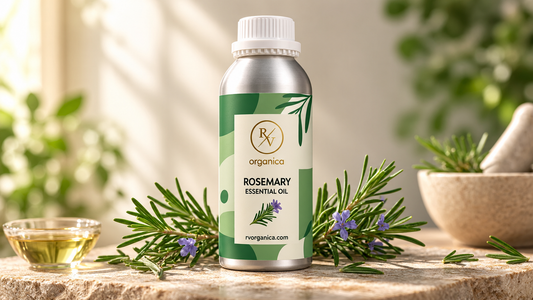 RV Organica rosemary essential oil bottle with fresh rosemary sprigs