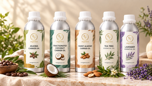 RV Organica carrier and essential oil bottles including jojoba, fractionated coconut, sweet almond, tea tree and lavender oils