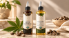 Premium RV Organica Jamaican Black Castor Oil and Castor Oil bottles for hair, eyelash and eyebrow care with castor seeds and leaves on a marble surface.