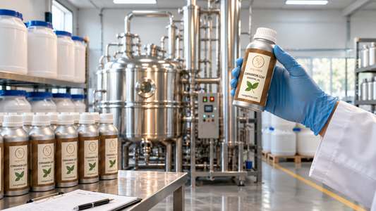 Gloved hand holding an RV Organica cinnamon leaf essential oil bottle in a stainless steel distillation facility with rows of filled bottles and HDPE drums