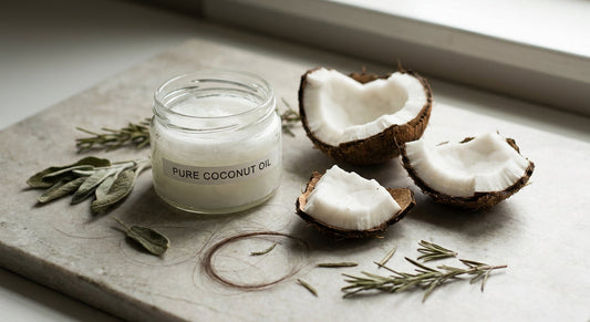 A glass jar of coconut oil beside cracked coconut halves, dried herbs, and strands of healthy dark hair on a stone surface in soft natural light.