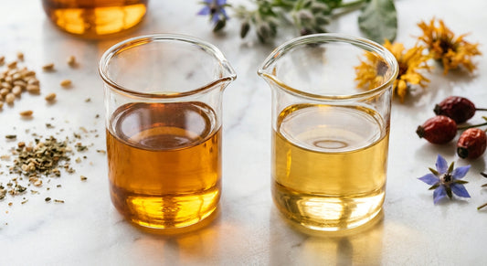 Two glass beakers of golden carrier oil in different shades placed side by side on a marble surface with botanical seeds scattered in the background.