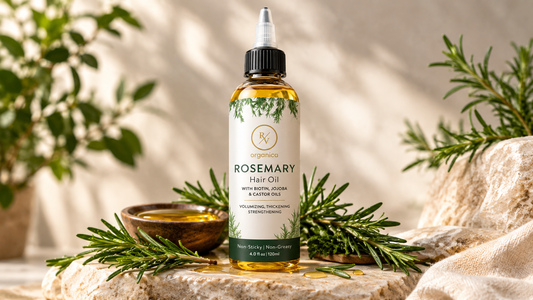 RV Organica Rosemary Hair Oil bottle with rosemary sprigs and natural hair oil in a premium wellness setting