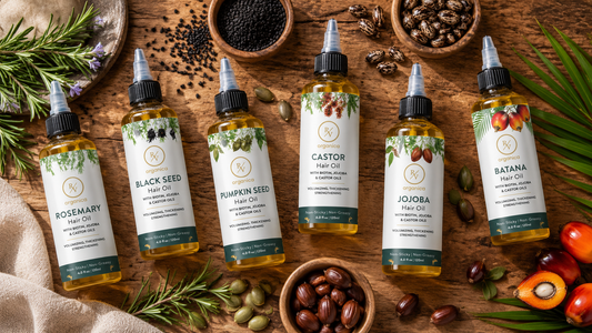 Six RV Organica hair oil bottles featuring Rosemary, Black Seed, Pumpkin Seed, Castor, Jojoba, and Batana oils arranged on a rustic wooden surface with natural botanical ingredients.