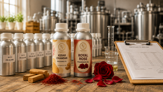 RV Organica Kesar Chandan and Royal Rose fragrance oil aluminium bottles displayed in a fragrance manufacturing facility with saffron, sandalwood, roses, and quality testing equipment.