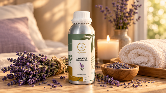 RV Organica lavender essential oil bottle in a cozy home spa setting with fresh lavender, candle, towel, and golden carrier oil