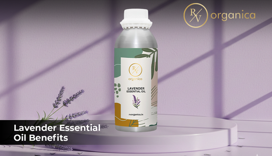 RV Organica Lavender Essential Oil bottle on a podium for aromatherapy and stress relief benefits