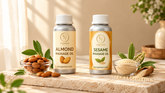Almond and sesame massage oil bottles with almonds and sesame seeds in a warm spa setting