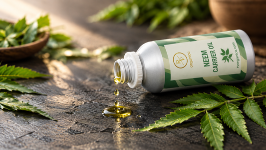 RV Organica neem carrier oil bottle with neem leaves and oil drops on dark slate surface