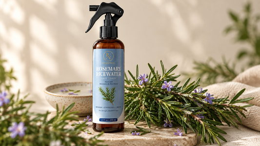 Rosemary rice water hair spray bottle with fresh rosemary sprigs and water droplets on a warm beige background