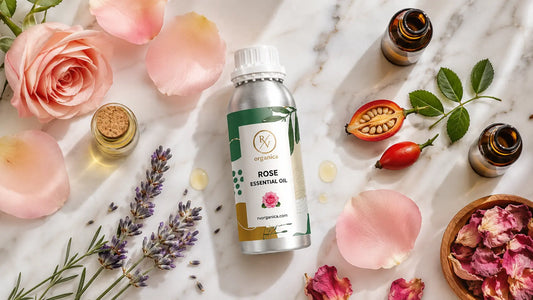 Luxury flat lay of RV Organica Rose Essential Oil aluminum bottle on white marble with fresh pink rose petals, lavender sprigs, amber essential oil bottles, rosehip fruit, and golden serum drops in soft natural morning light.