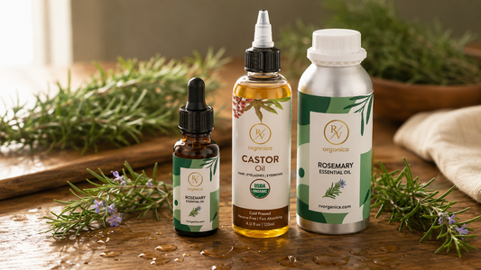 Rosemary essential oil, castor oil, and rosemary oil bottles arranged on a wooden surface with fresh rosemary sprigs in natural light for hair care and aromatherapy.