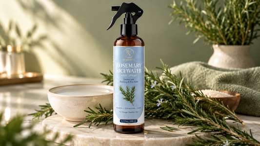 RV Organica rosemary rice water hair spray with rosemary sprigs and rice water