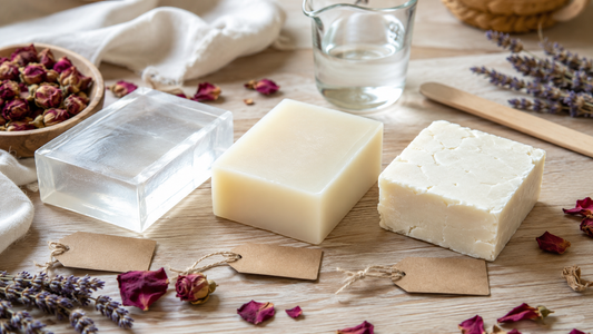 Three melt and pour soap base blocks with glycerin, goat milk, and shea butter on a wooden craft table.